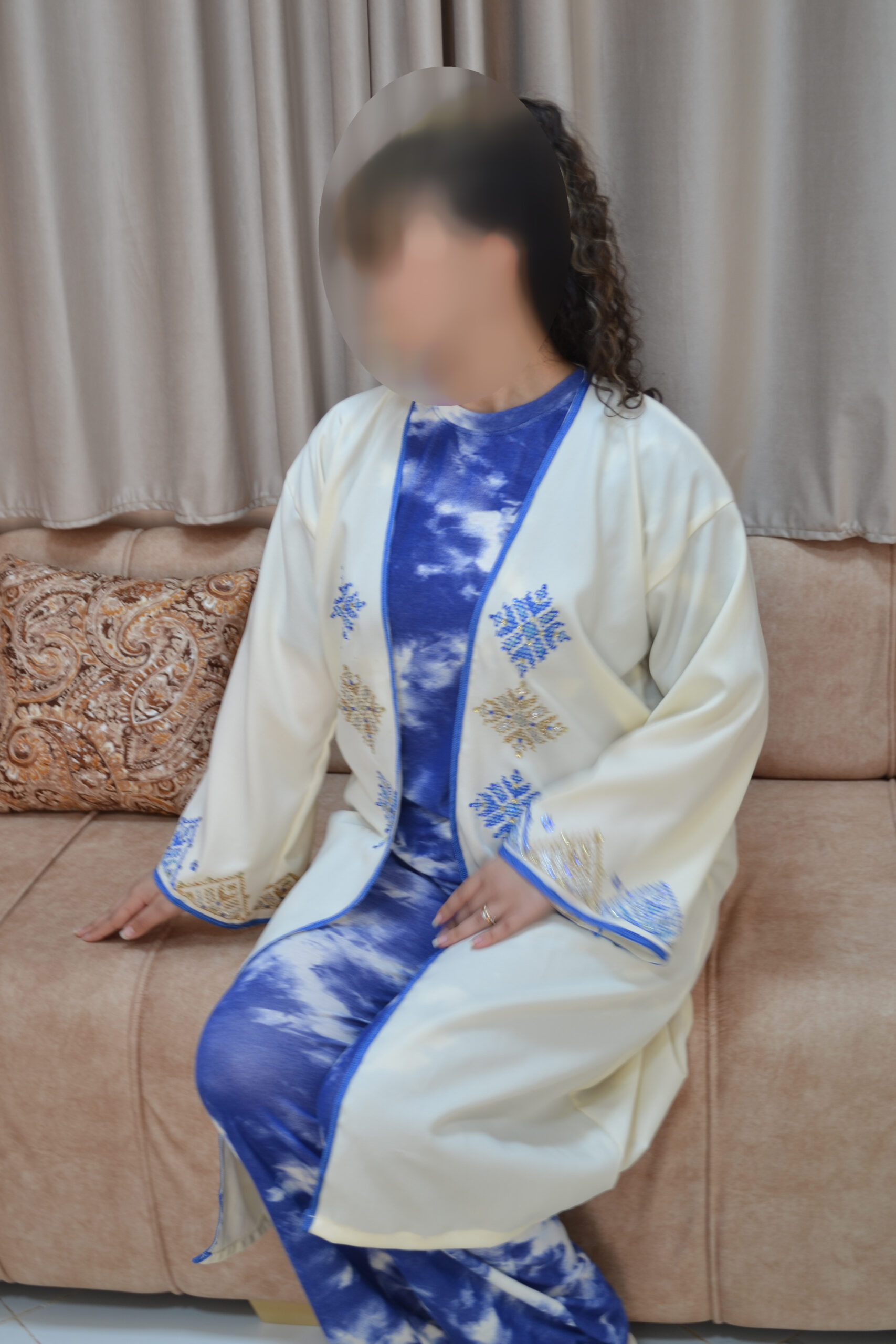 jellaba bleu royal avec manches crème - Image 2